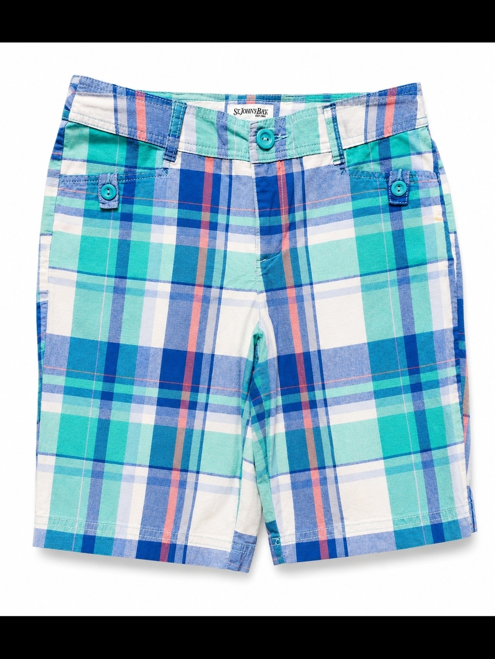 St. John’s Bay Women's Size 6 Petite Plaid Bermuda Shorts Blue Green Coral